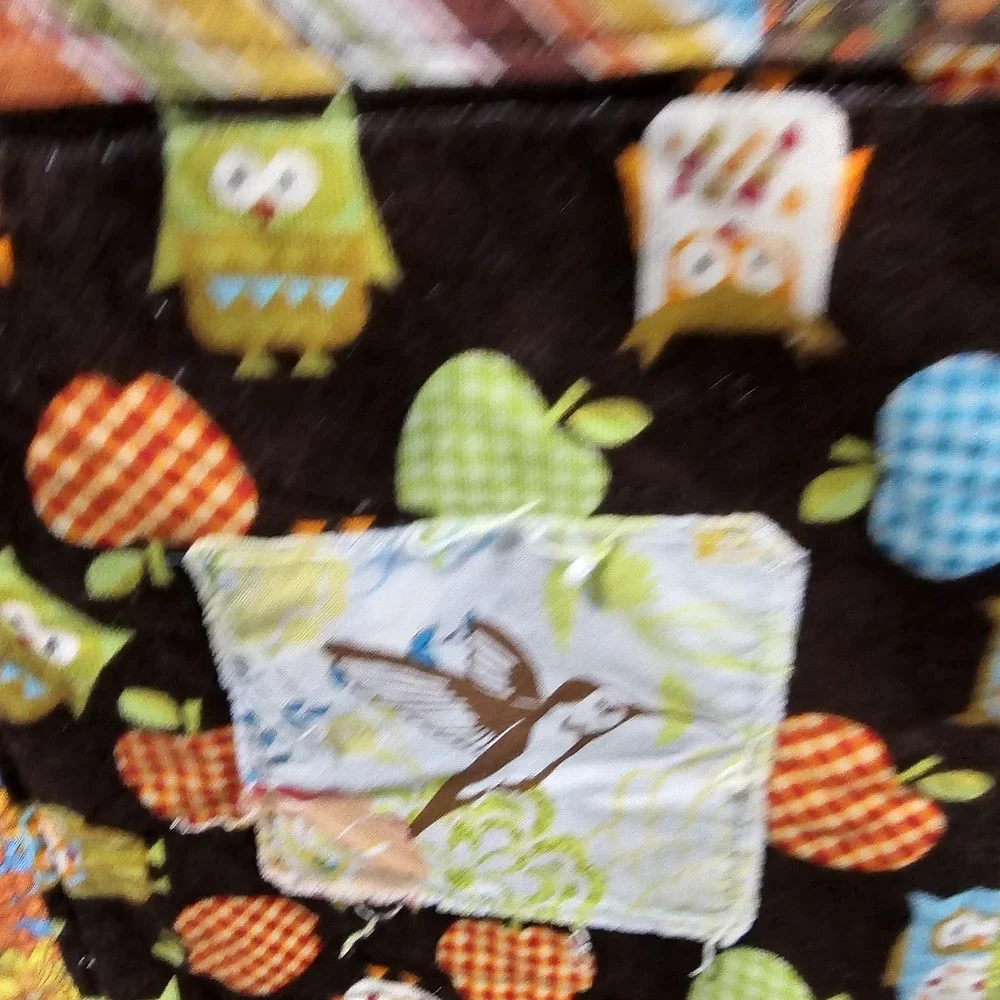 Handmade Baby Quilt Patchwork Owls Flowers Cotton Microfiber Back 48x40 Multi